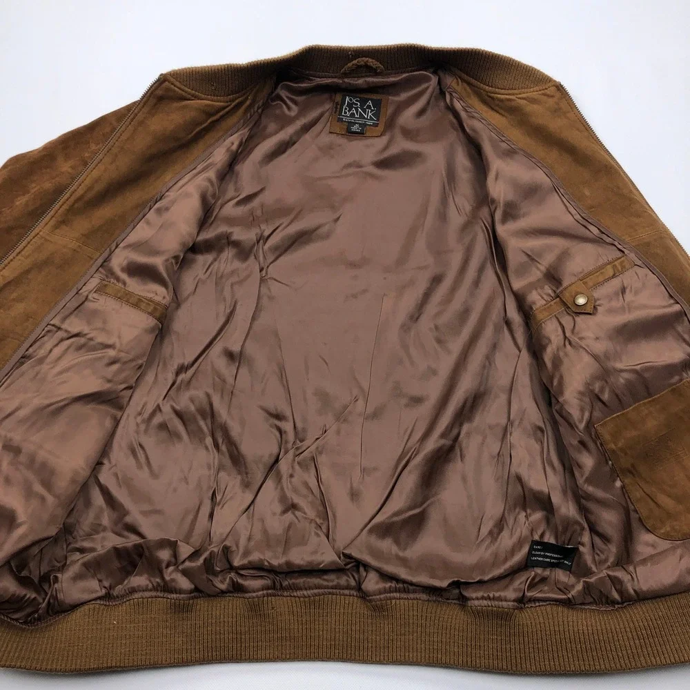 Jos A Bank Mens Brown Genuine Leather Suede Bomber Jacket Medium Full Zip Ribbed